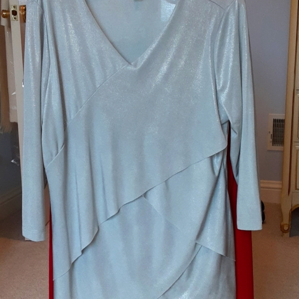 Chico's shimmery gray blouse with crossover front Ruffles